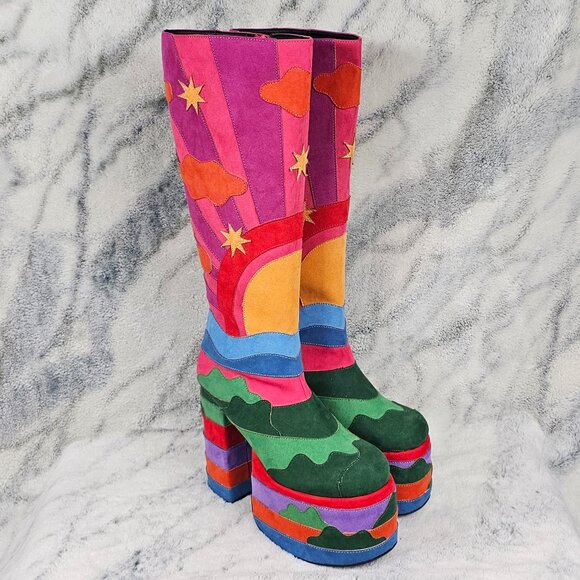 Current Mood Shoes - Dolls Kill Current Mood Sz 11 Sunshine Psychedelic Platform Knee High Boots